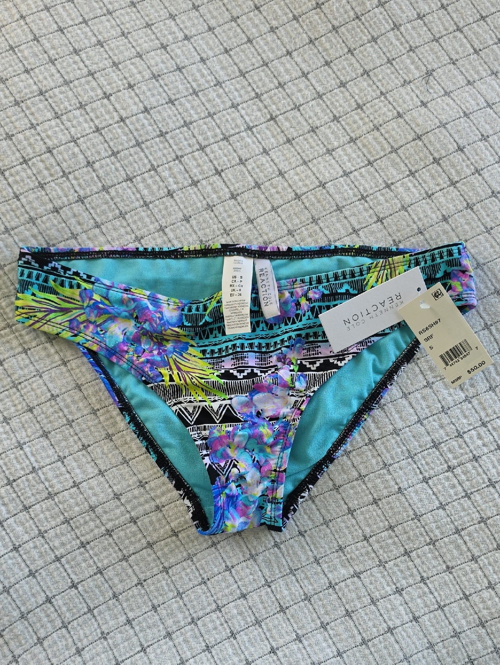 Kenneth Cole Reaction Teal Multicolor Floral & Tribal Bikini Bottom Small